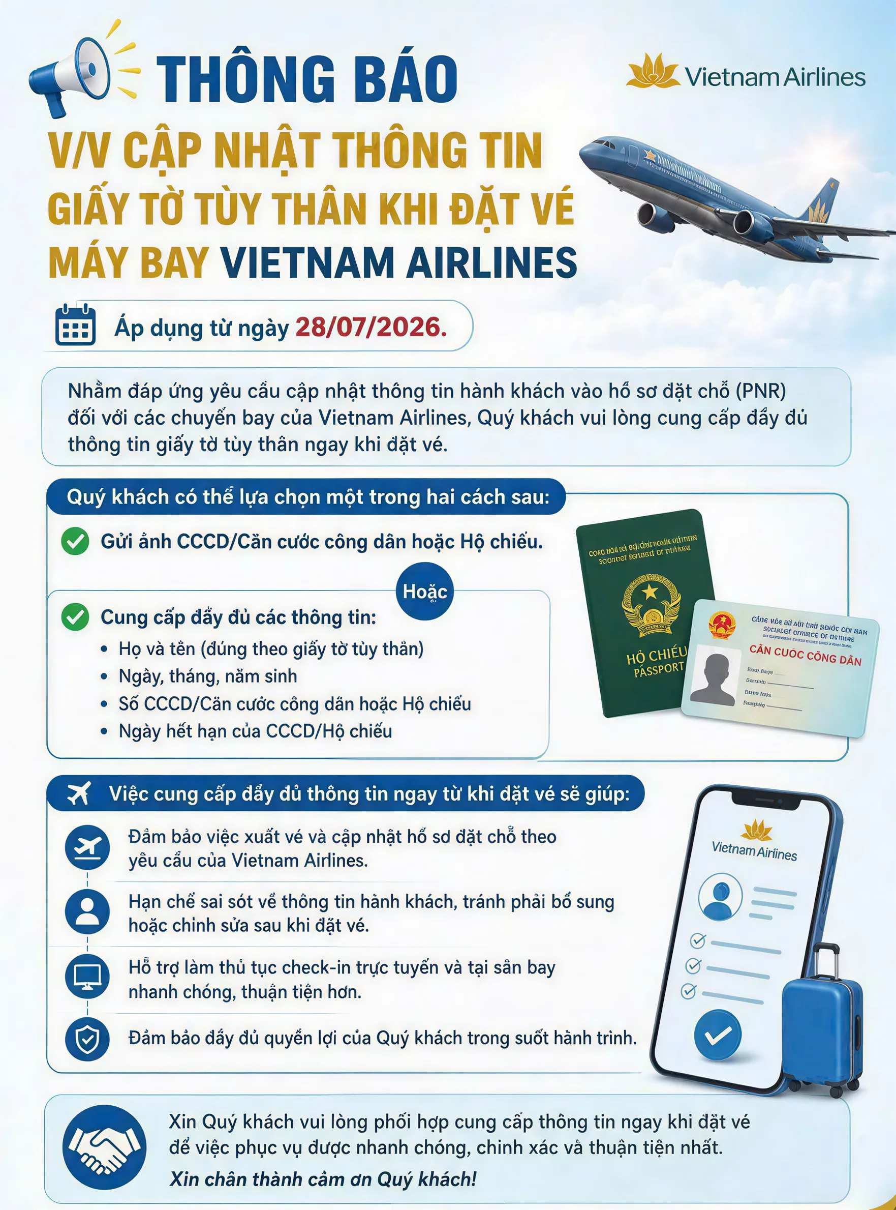 Thông báo v/v cập nhật thông tin giấy tờ tùy thân khi đặt vé máy bay Vietnam Airlines